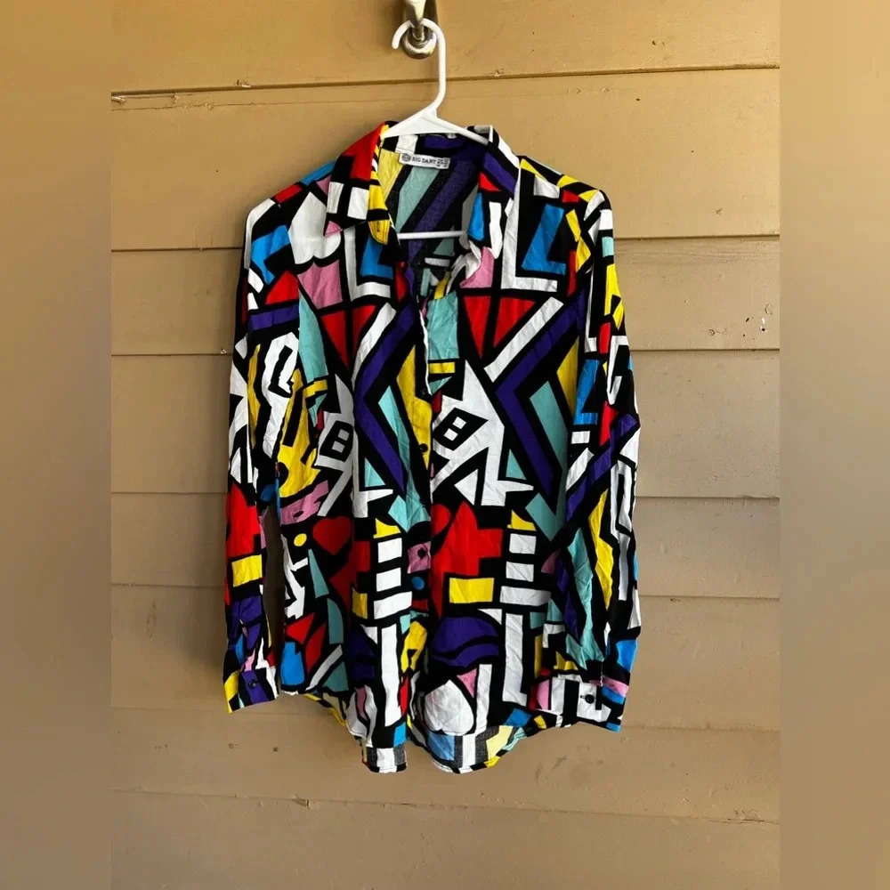 Big Dart Shirt Multicolor 90's Geometric Pop Art Vintage Button Down Shirt SZ 8